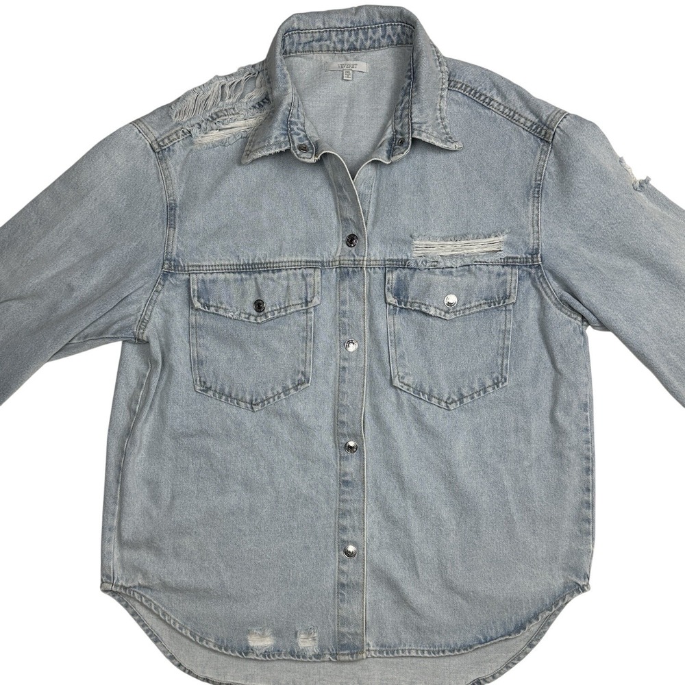 VEVERET Men's 2XL Distressed Light Wash Denim Button Up‎ Shirt Long Sleeve